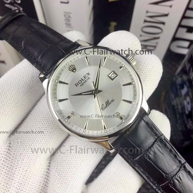 Cellini Rolex Geneve Fake Watch Silver Dial Leather Strap